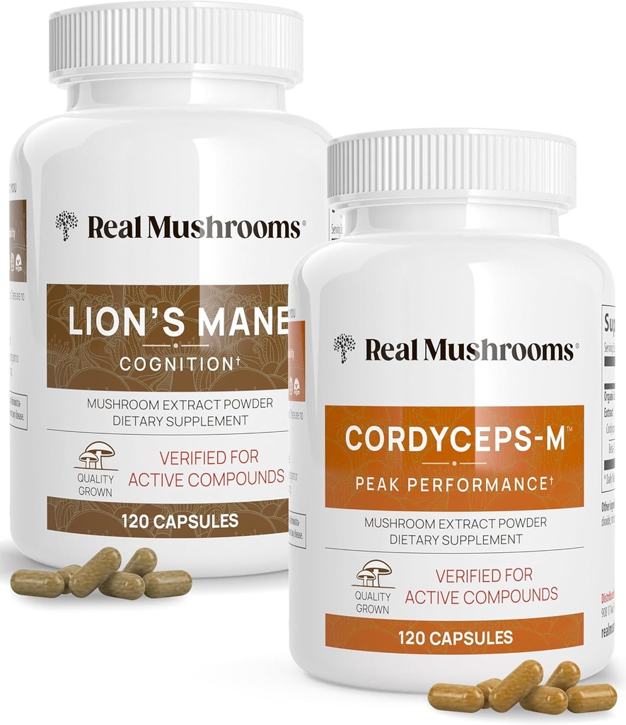 Lions Mane (120ct) og Cordyceps (120ct) Kapsler Bundle - Mushroom supplement til kognition, energi og Endurance