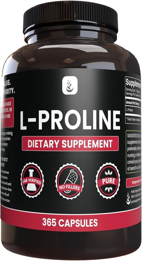 PURE ORIGINALSKE INGREDIENSER L- Prolin (365 kapsler) Ingen Magnesium eller Rice Fillers, Altid Pure, Lab Verified