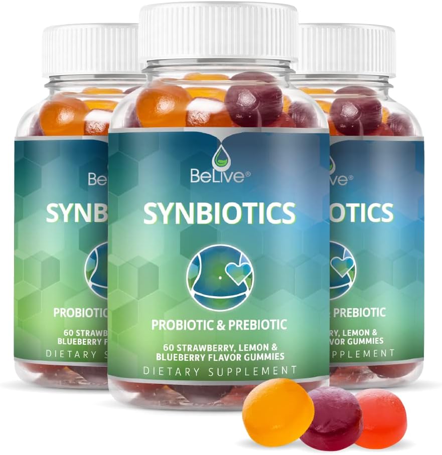 BeLive Synbiotika - Probiotisk & Prebiotic Fiber Gummies - High Strength Inulin (3g), Kostfibre tillæg, fordøjelsesstøtte til børn & voksne - Jordbær, Lemon, Blåbær Flavor 124; 3- Pack