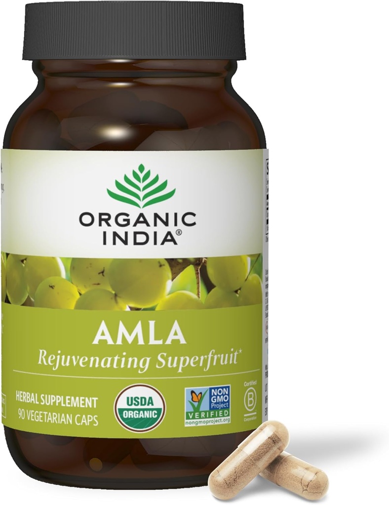 Organic India Amla Capsules Organic - Indian Gooseberry Herbal Vitamin Supplement, Amla Supplement, immunstøtte, Vegan, Gluten- Free, Ayurvedic, Antioxidant, Non- GMO - 90 Kapsler