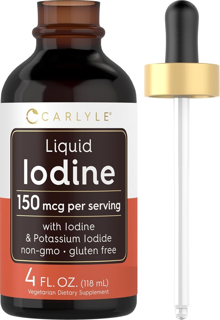Carlyle Liquid Jod Drops 4 fl oz · 124; 150 mcg · 124; Jod & Kalium Iodide Supplement · 124; Vegetarisk Liquid Tinktur · 124; Non- GMO, Gluten Free