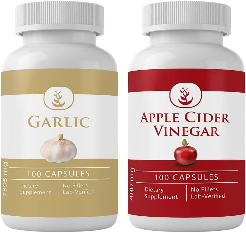 PURE ORIGINALSKE INGREDIENSER Hvidløg & Æblecider Vineddike Capsule Bundle (100 kapsler Hver), Ingen tilsætningsstoffer eller Fillers, Lab Verified