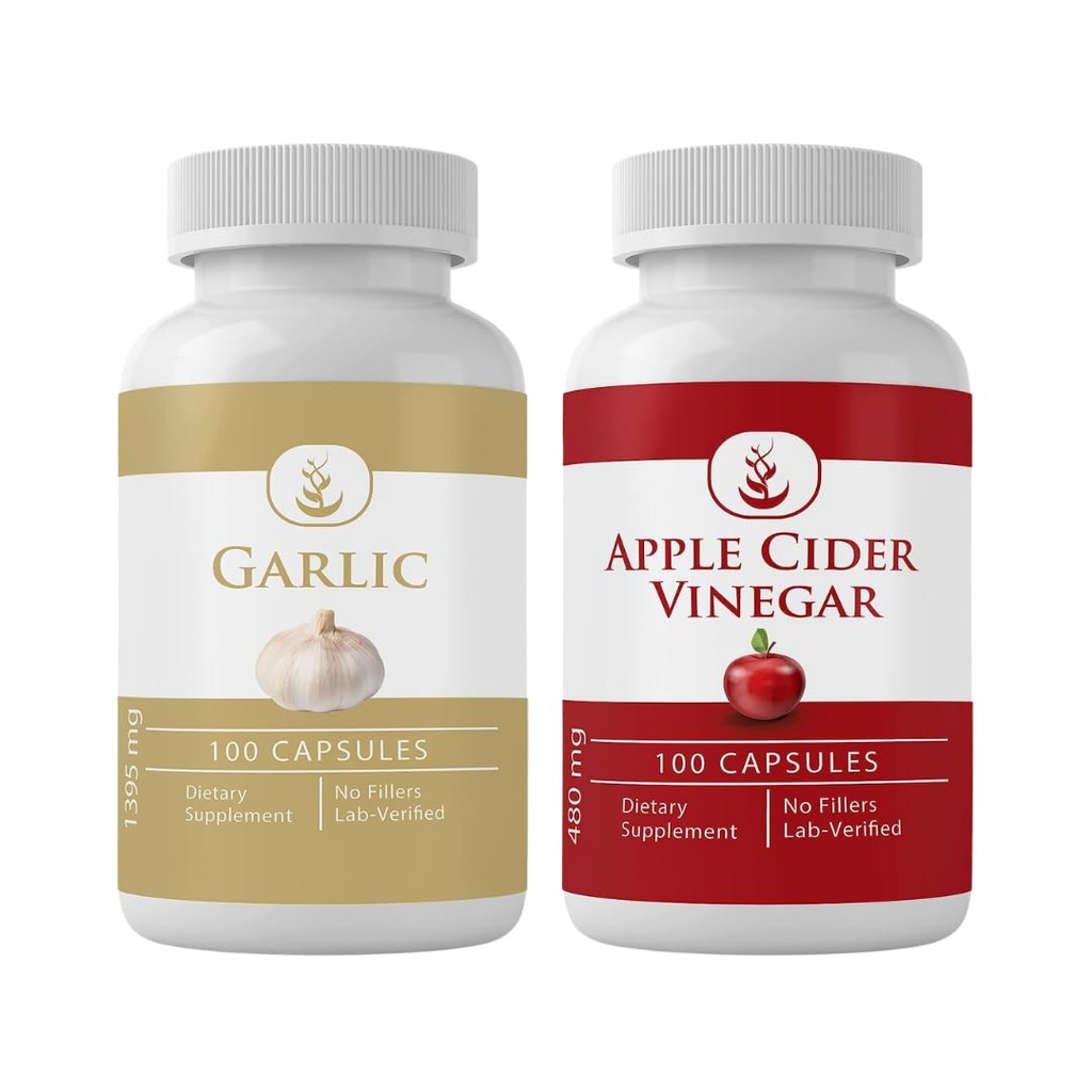 PURE ORIGINALSKE INGREDIENSER Hvidløg & Æblecider Vineddike Capsule Bundle (100 kapsler Hver), Ingen tilsætningsstoffer eller Fillers, Lab Verified