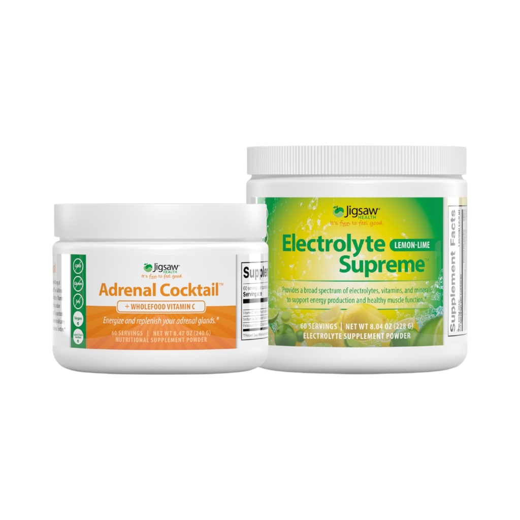 Jigsaw Health Bundle Yester124; Adrenal Cocktail, 60 Servere (Jar), og Electrolye Supreme (Lemon- Lime), 60 Servere (Jar)