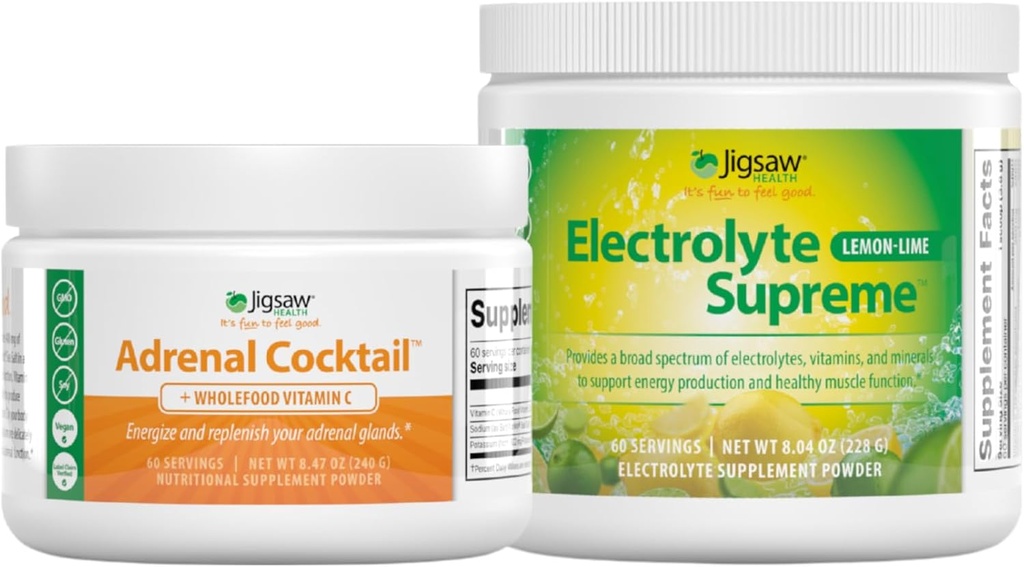 Jigsaw Health Bundle Yester124; Adrenal Cocktail, 60 Servere (Jar), og Electrolye Supreme (Lemon- Lime), 60 Servere (Jar)