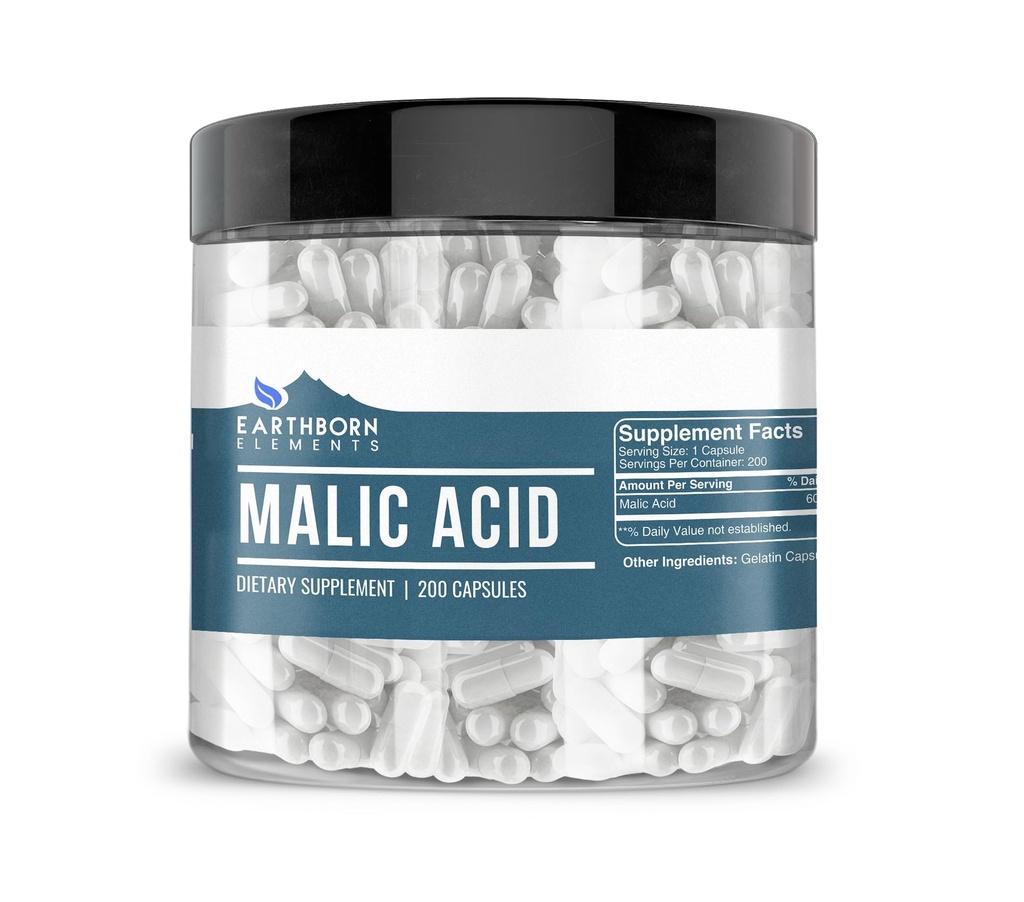 Earthborn Elements Malic Acid, 200 Kapsler, Pure & Ufortyndet, Ingen tilsætningsstoffer