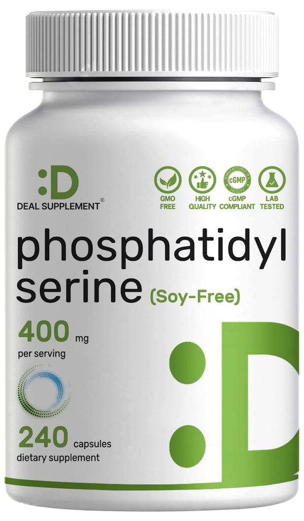 Phosphatidylserin supplement, 400mg servering, 240 kapsler - Sojafri solsikke Lecithin Kilde