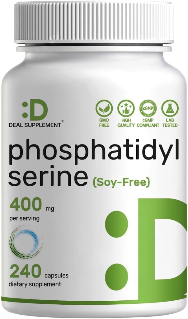 Phosphatidylserin supplement, 400mg servering, 240 kapsler - Sojafri solsikke Lecithin Kilde