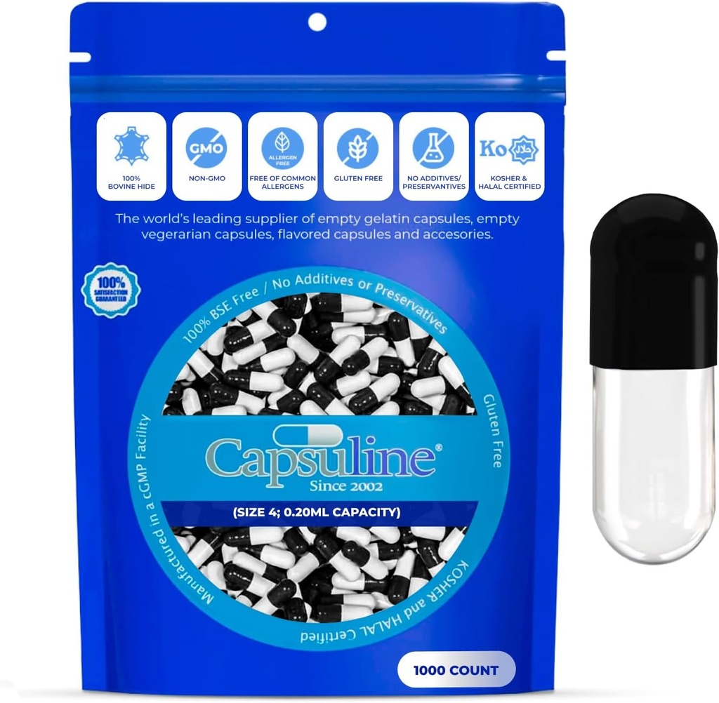 Capsulin Størrelse 4 Tom Gelatine Kapsler, Sort / klar - 1000 Greve Note 124; Gluten Free, Kosher, Non- GMO Certificeret