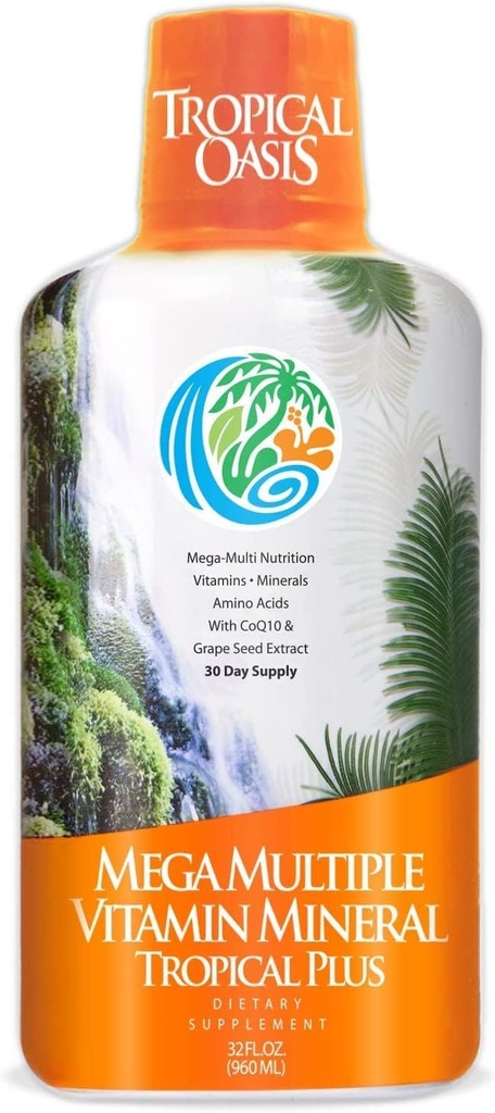 Tropical Oasis Mega Plus - Flydende Multivitamin og mineralsk supplement - omfatter 85 vitaminer og mineraler, 20 Aminosyrer + CoQ10, Grape Seed Extract & Organic Aloe Vera - 32oz, 32 Servering, 33460