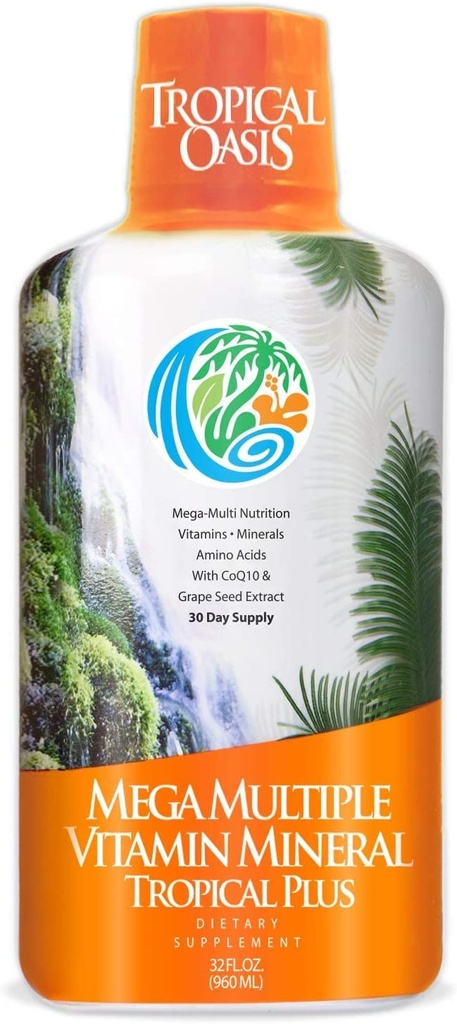 Tropical Oasis Mega Plus - Flydende Multivitamin og mineralsk supplement - omfatter 85 vitaminer og mineraler, 20 Aminosyrer + CoQ10, Grape Seed Extract & Organic Aloe Vera - 32oz, 32 Servering, 33460