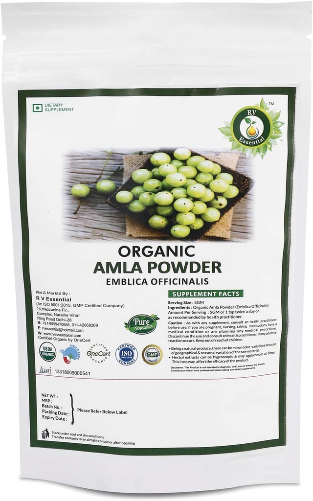 R V Essential Organic Amla Powder 100gm / 3.53oz / 0.22lb- Empilica Officinalis Amla Frugtpulver til hår USDA Organic Certified Ayurvedic Herbal supplement i genopladelige og genanvendelige Zip Lock Pouch