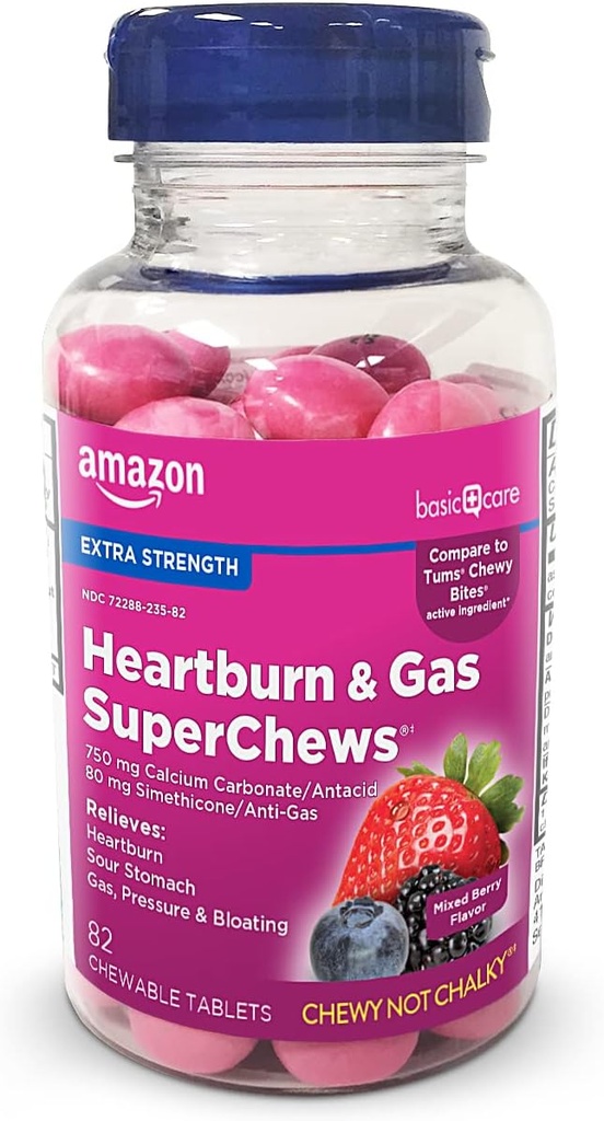 Basic Care Heartburn & Gas SuperChews Chewable Tablets, Mixed Berry, 82 Count (Tidligere SoundHealth)
