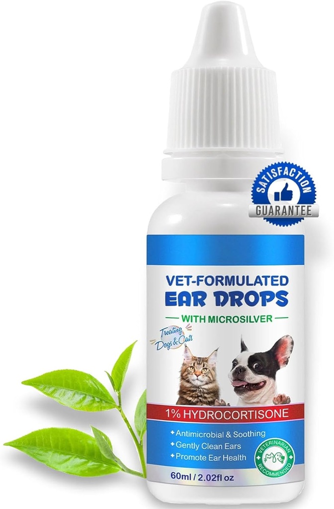 Ear Drops til katte & hunde-hund Ear Infektion Medication- Ear mites Treatment-Hund Gær lindring Rensning med 1% Hydrocortison-Clean Pet Earwax- Mild og effektivitet-60ml