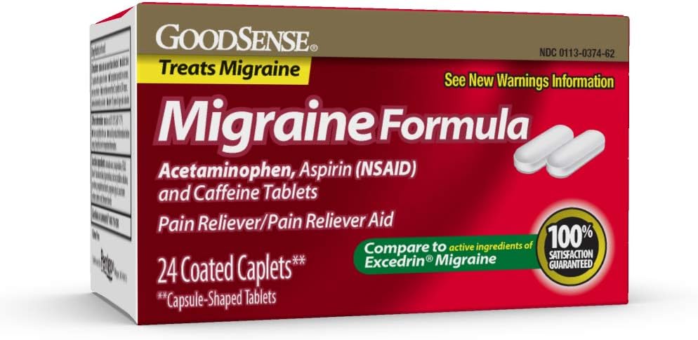 GoodSense Migraine Formula Caplets - Acetaminophen, Aspirin (NSAID) & Caffeine - Migraine Pain Relief, 24 Count