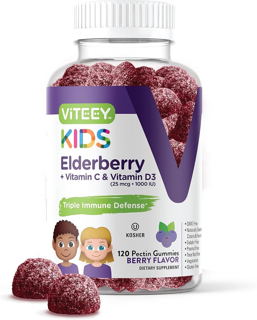 Viteey Sambucus Elderberry Gummies for Kids immunsupporttilskud med vitamin D3 & vitamin C 3-1 Immunbooster - Vegetarisk, Gelatine fri, Gluten fri, GMO fri - Tasty Chewable Berry Flavored