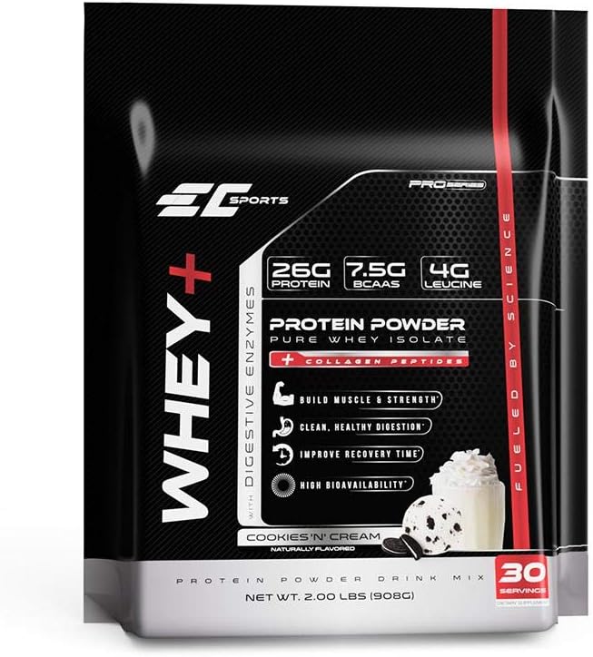 EC Sports Whey + Protein Powder, Cookies n Cream Drink Mix w / fordøjelsesenzymer - Isolere tillæg, Collagen Peptider w / Hurtigere reform - 30 Serveringer