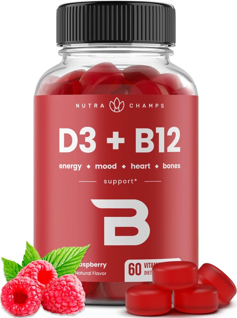 NutraChamps Vitamin D3 & B12, Methyl B12 Gummier for voksne & Børn, forstærket med D-vitamin 3 & B9 Vitamin Folat, Natural Energy, Mood, Metabolisme & Fokus, Hindbær, 60 Gummies
