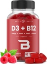 NutraChamps Vitamin D3 & B12, Methyl B12 Gummier for voksne & Børn, forstærket med D-vitamin 3 & B9 Vitamin Folat, Natural Energy, Mood, Metabolisme & Fokus, Hindbær, 60 Gummies