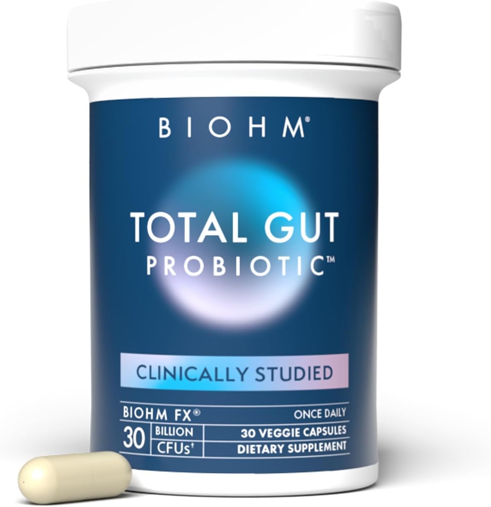 BIOHM Total Probiotic, 30 milliarder CFU Daglig Probiotika for kvinder & mænd (30 Greve) Hjælper Reducere lejlighedsvis gas & bloating, understøtter fordøjelse & total Gut sundhed, non-GMO, Vegan