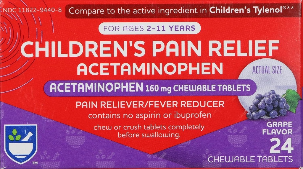 Rite Aid Children 's Pain Relief Chewable Grape Tablets, Acetaminophen, 160 mg - 24 Greve Note 124; Pain & Fever Relief for Kids Age 2 - 11 År