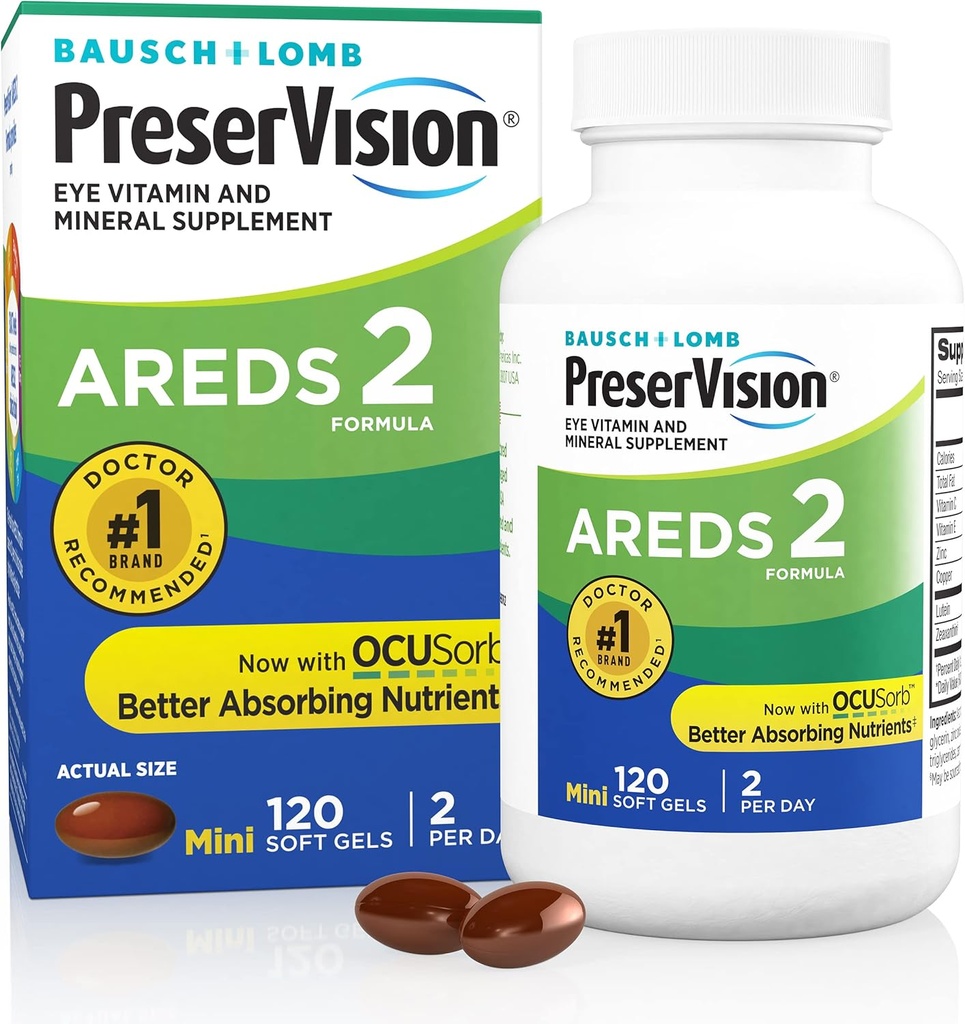 PreserVision AREDS 2 Eye Vitaminer, # 1 Eye Doctor Anbefalet Mærke, Lutein og Zeaxanthin Supplement med C-vitamin, E-vitamin, zink, og kobber, 120 Softgels (Minigels)