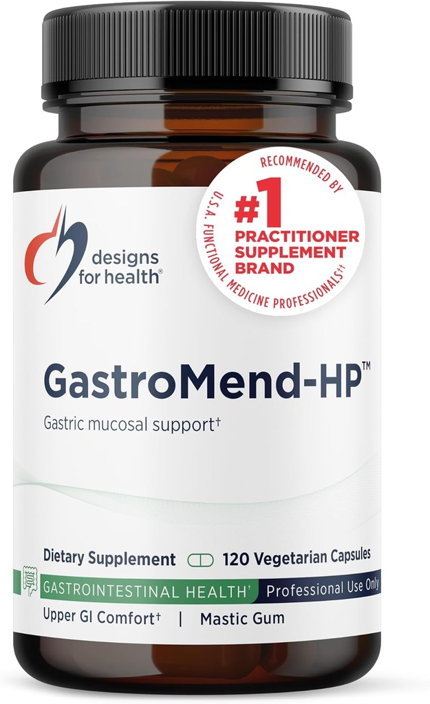 Design til sundhed GastroMend HP - Gut Health Supplements - Gut Mucosa Support med Mastic Gum + DGL Licence + 'Vitamin U' - Kan hjælpe Lejlighedsvis Bloating eller Opsat Mave - Vegan (120 kapsler)