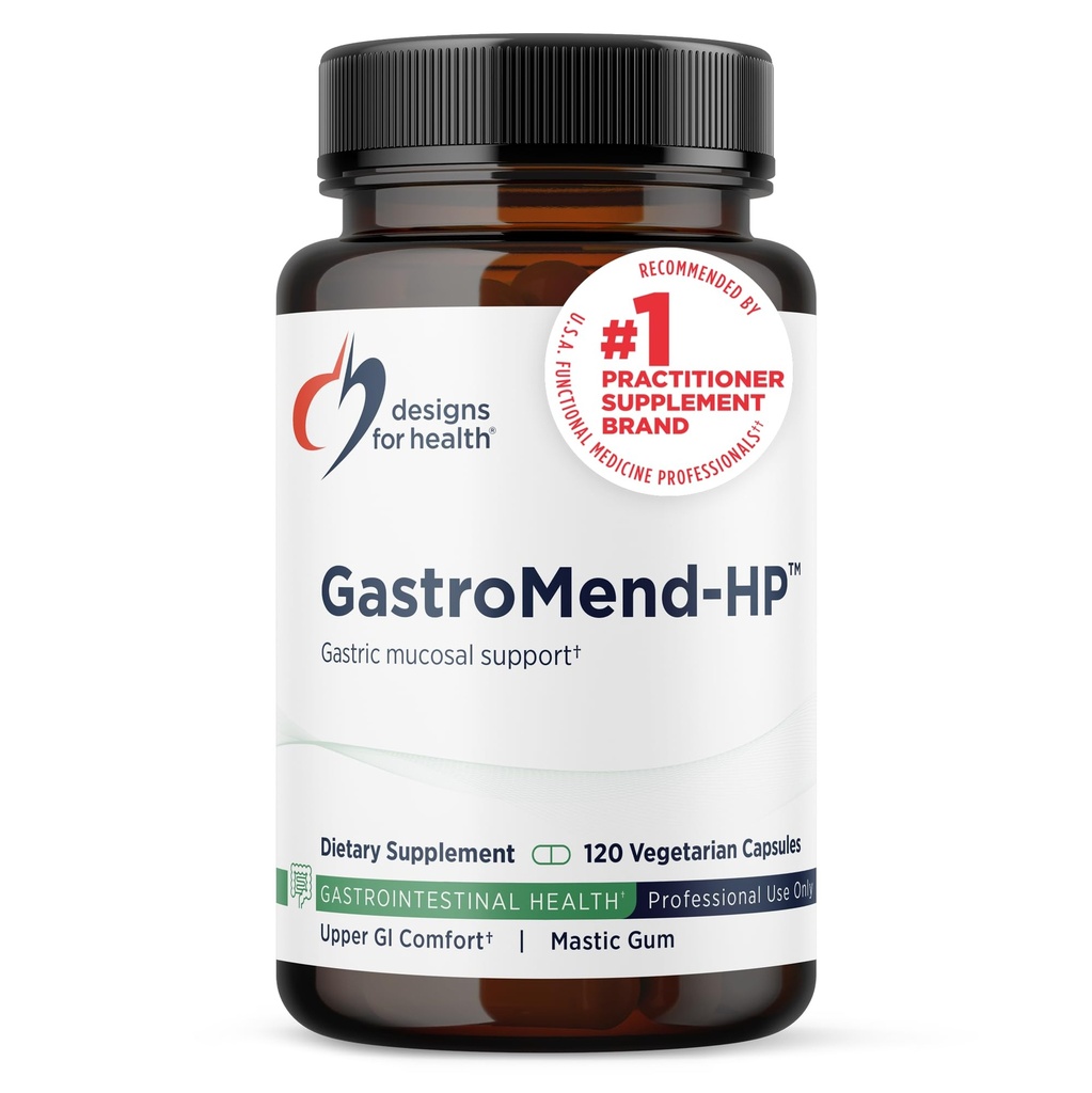 Design til sundhed GastroMend HP - Gut Health Supplements - Gut Mucosa Support med Mastic Gum + DGL Licence + 'Vitamin U' - Kan hjælpe Lejlighedsvis Bloating eller Opsat Mave - Vegan (120 kapsler)