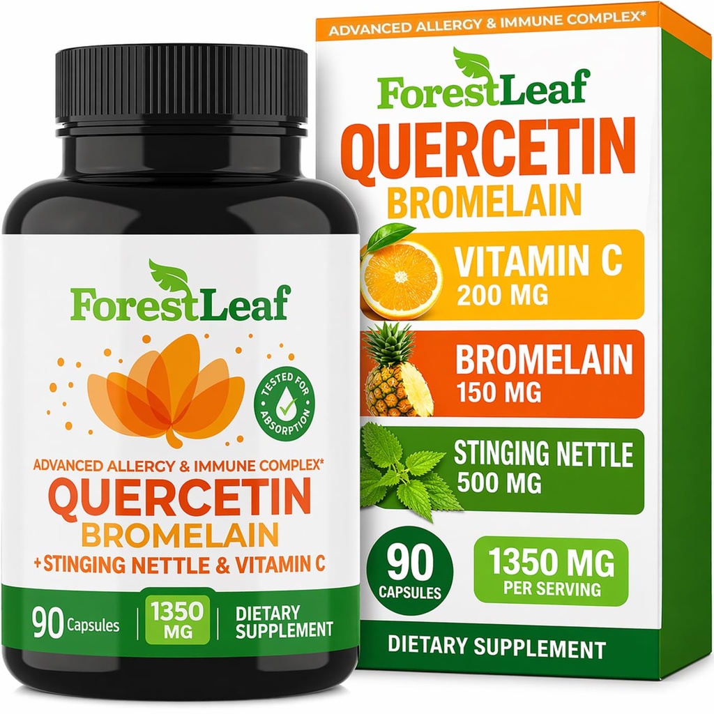 ForestLeaf Quercetin med bromelain 1350mg - Blend with Vitamin C & Stinging Nettle Supplement, Quercetin 500mg kapsler, Non- GMO Gluten Free, Natural Immunation & Respiratory Function, 90 Veggie Caps