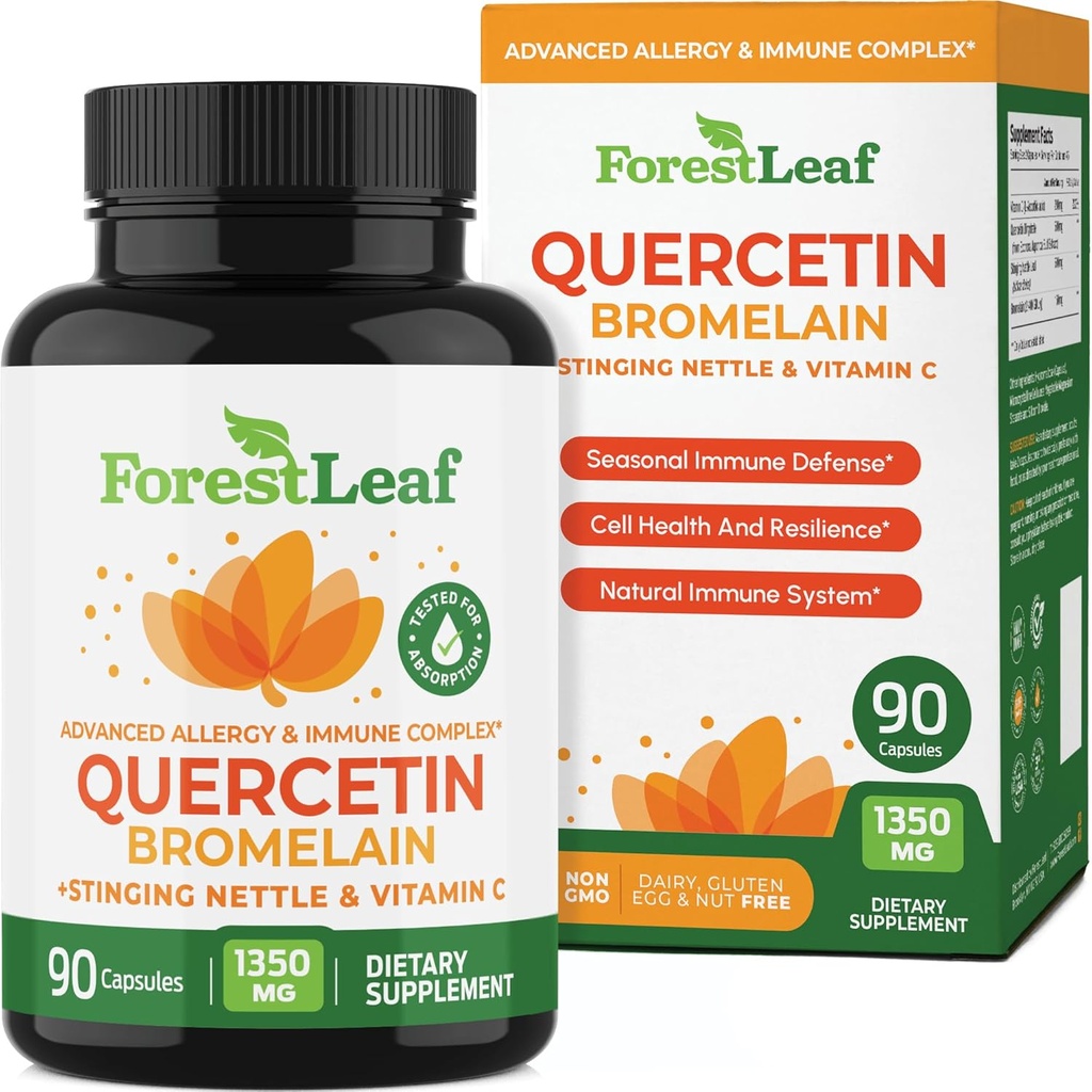 ForestLeaf Quercetin med bromelain 1350mg - Blend with Vitamin C & Stinging Nettle Supplement, Quercetin 500mg kapsler, Non- GMO Gluten Free, Natural Immunation & Respiratory Function, 90 Veggie Caps