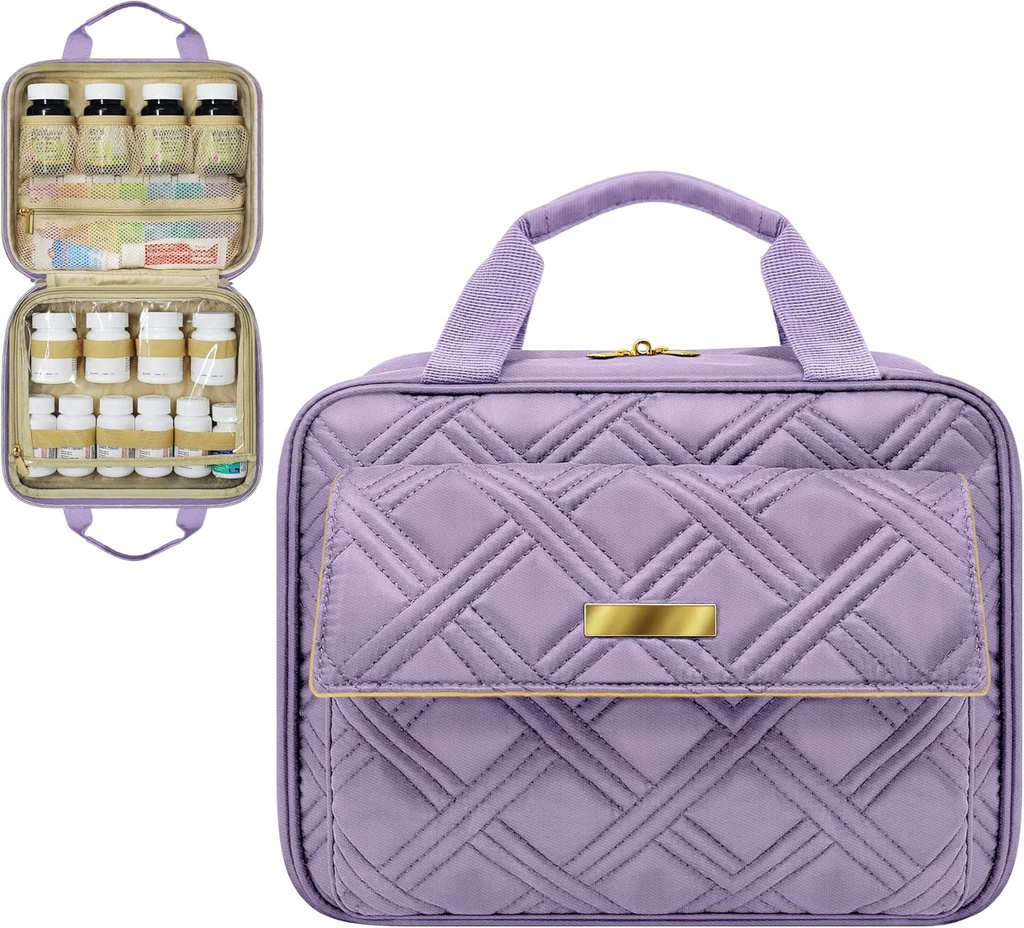 Stor quiltet medicin taske, Carrier, Case, Rejse Organizer for Medicin, Pill flasker, toiletter og medicinske forsyninger med faste lommer