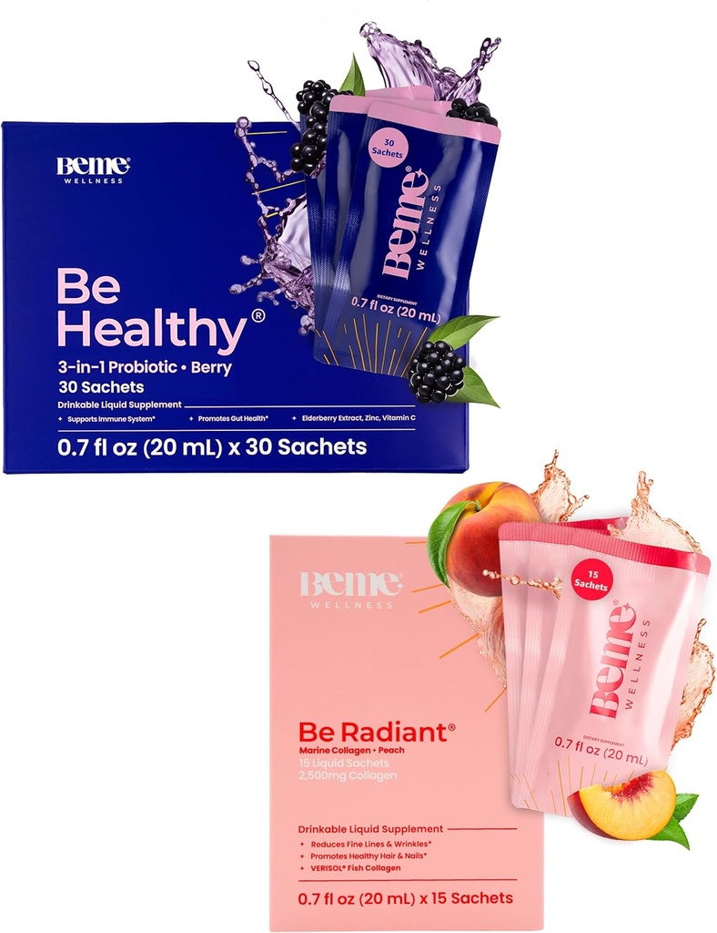 BeMe BeSund & BeRadiant Peach Bundle - flydende probiotika & flydende kollagen drikke kosttilskud