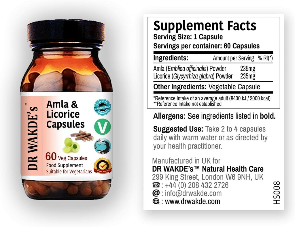 DR WAKDEs Amla & Lakridskapsler (60 Veg Caps, for syrefordøjelsesbesvær, Ayurvedic Supplement, Vegan, Herbal, All Natural, Made in UK)