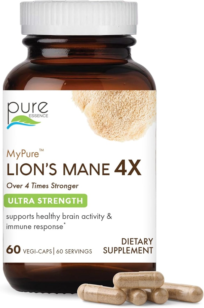 PURE ESSENCE LABS MyPure Lions Mane 4X - Ultra Strength Brain Support Supplement med 6: 1 Hot Water Extract & 10: 1 Extract for Cognitive Health, Focus, Memory & Mental Clarity, 60 Kapsler