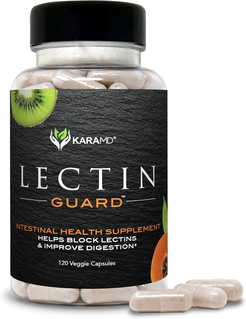 KaraMD Lectin Guard 124; Colon Cleansing Lectin Blocked 124; Slippery Elm, Bladderwrack, Natriumalginat, Okra, Kiwi & Papaya; Gut Sundhed for kvinder og mænd, Non- GMO & Gluten Free 30 Kapsler