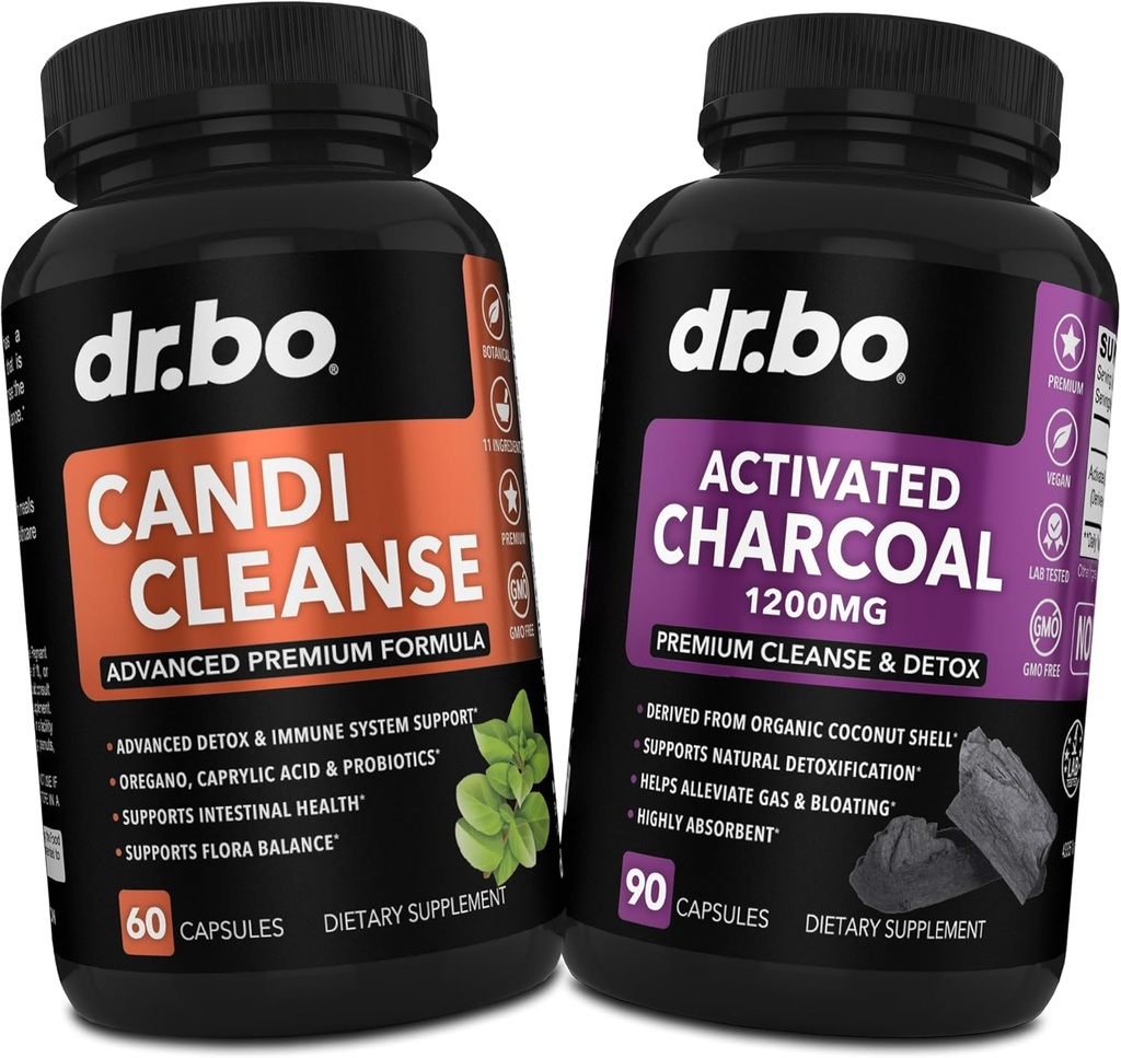 Aktiveret Charcoal & Candi Cleanse Support - Organic Coconut Charcoal Pills & Anti Overgrowth Pills til Mave Gas og Bloating for Mænd Kvinder Kids - Oral Herbal Oregano & Captain Acid Kapsler