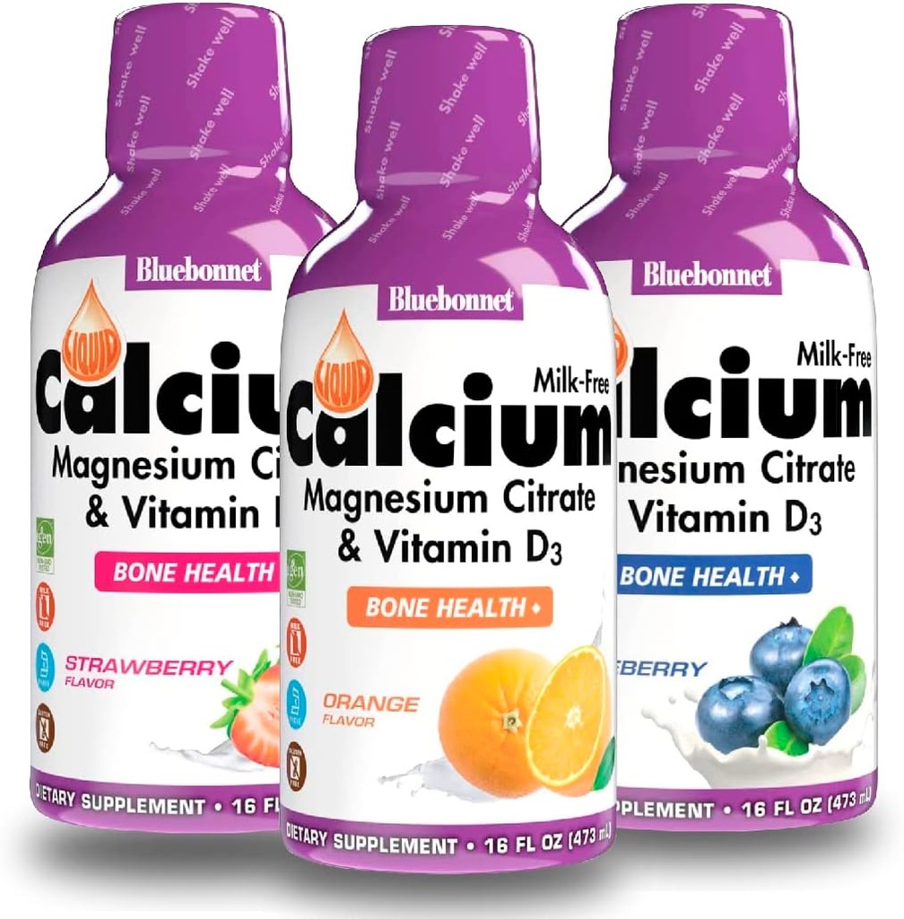 Bluebonnet Flydende Calcium Citrat Magnesium Citrat, Vitamin D3- Bundle Orange, Blåbær og Strawberry Flavor, 3 Flaske med 16 Fl Oz Hver (48 Fl Oz i alt)