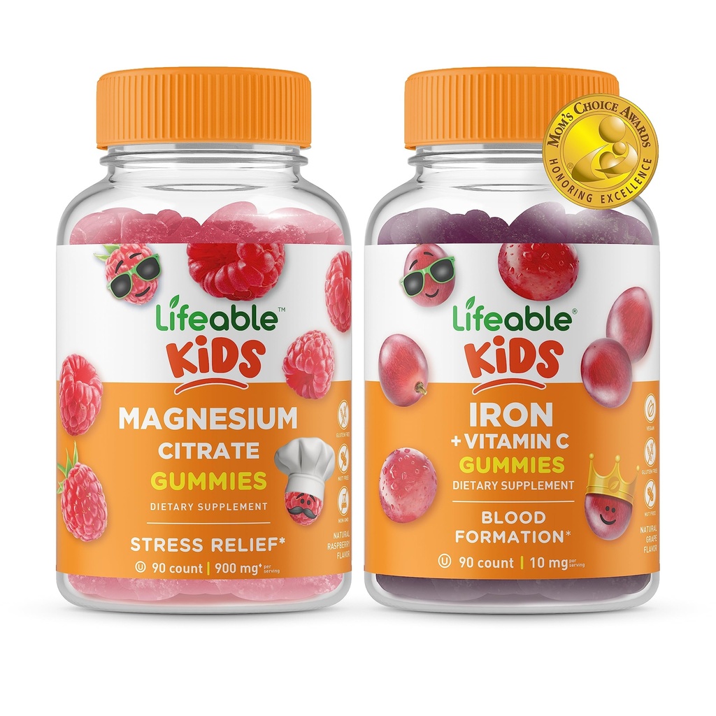 Lifeable Magnesium Kids + Iron & C-vitamin Kids, Gummies Bundle - Great Tasting, Vitamin Supplement, Gluten Free, GMO Free, Chewable Gummy