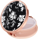 Rouidr Pill Box, 3 Segment Medicine Pill Case, Lille Metal Travel Medicine Box for pung & lomme, Rose Gold, Black Flower