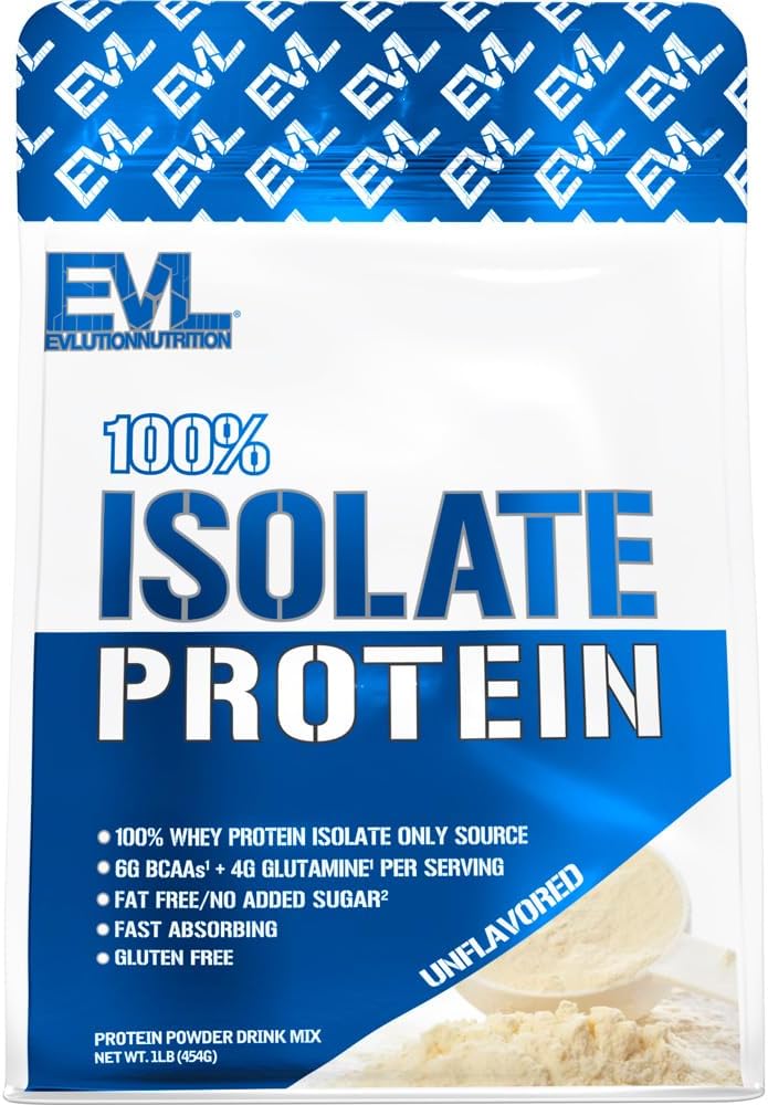 Evolution Nutrition 100% Isolate, Whey Isolate Protein Powder, 25 G Fast Absorbing Protein, Ingen sukker tilsat, Low- Carb, Gluten- Free (Unflavored, 1 LB)