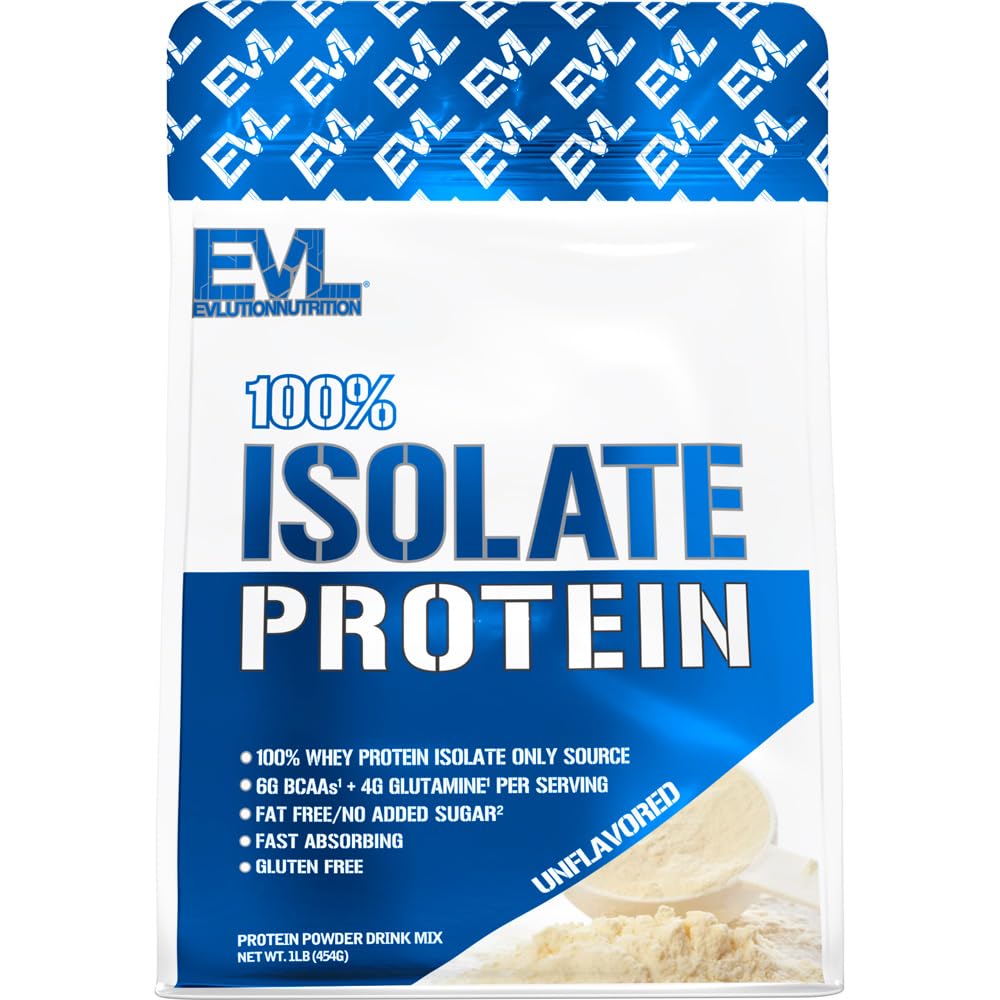 Evolution Nutrition 100% Isolate, Whey Isolate Protein Powder, 25 G Fast Absorbing Protein, Ingen sukker tilsat, Low- Carb, Gluten- Free (Unflavored, 1 LB)