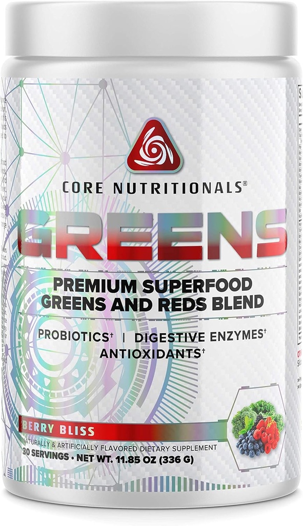 Core Nutritionals Greens against 124; Premium Superfood Reds & Greens Blend against 124; 5 Millioner CFU Probiotika, fordøjelsesenzymer, & Antioxidants against 124; 30 Servere (Berry Bliss)