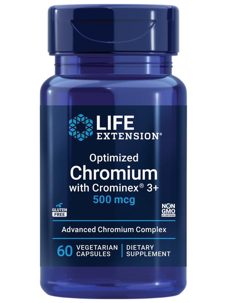Life Extension Optimized Chrom med Crominex 3 + 500 mcg, Metabolisme Sundhed, sund balance, Vegetarisk, Gluten fri, Non- GMO, 500 mcg, 60 Vegetariske kapsler