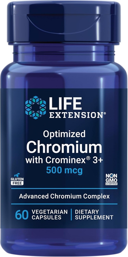Life Extension Optimized Chromium with Crominex 3+ 500 mcg, Metabolism Health, Healthy Balance, Vegetarian, Gluten Free, Non-GMO, 500 mcg, 60 Vegetarian Capsules