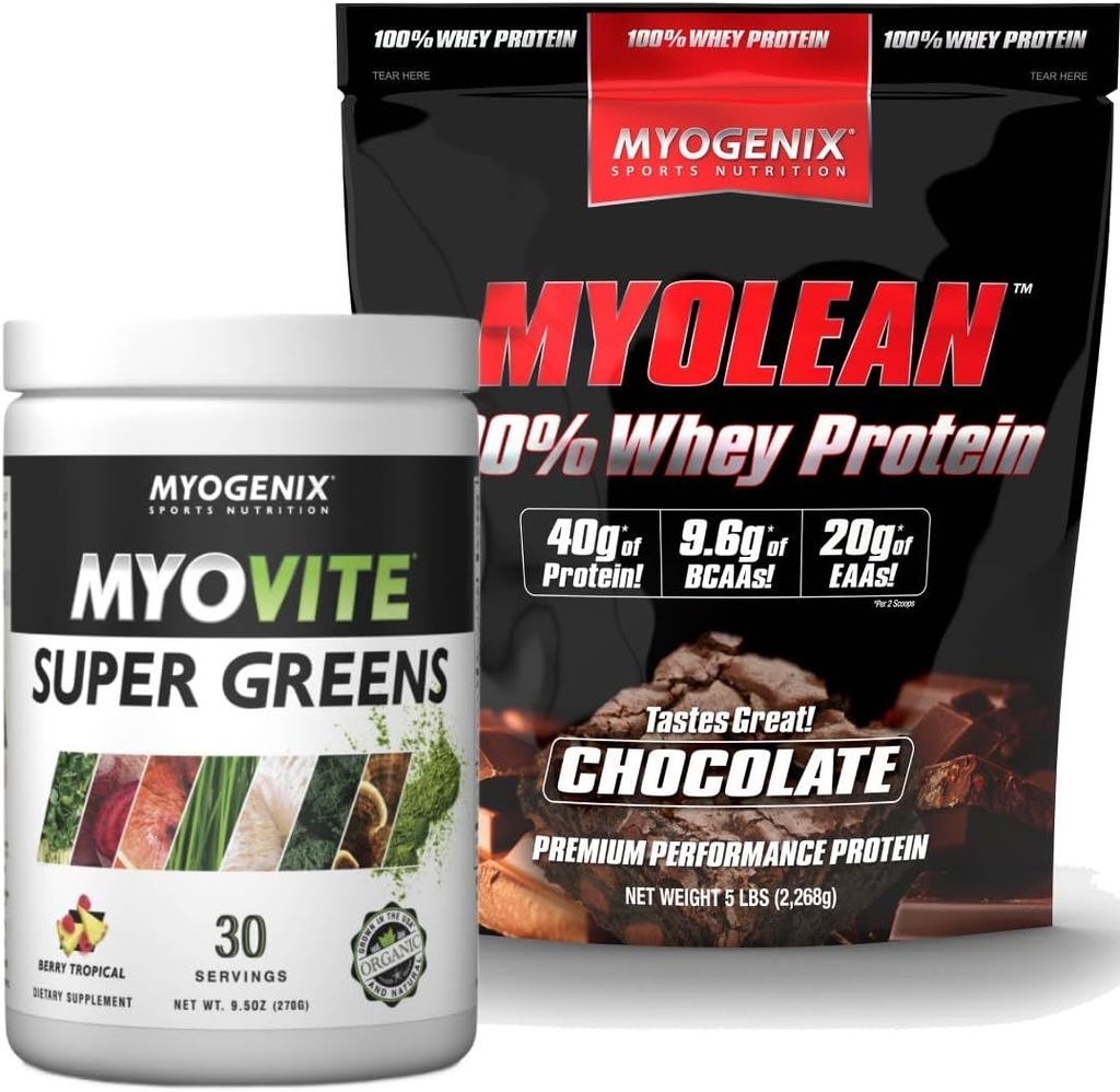 Myogenix Myovite Supergreens Powder & Myolean Chocolate Whey Protein Bundle - fordøjelse, Immunitet & 40g High- Protein Whey - Support Gut Health, Muscle Growth & Recovery