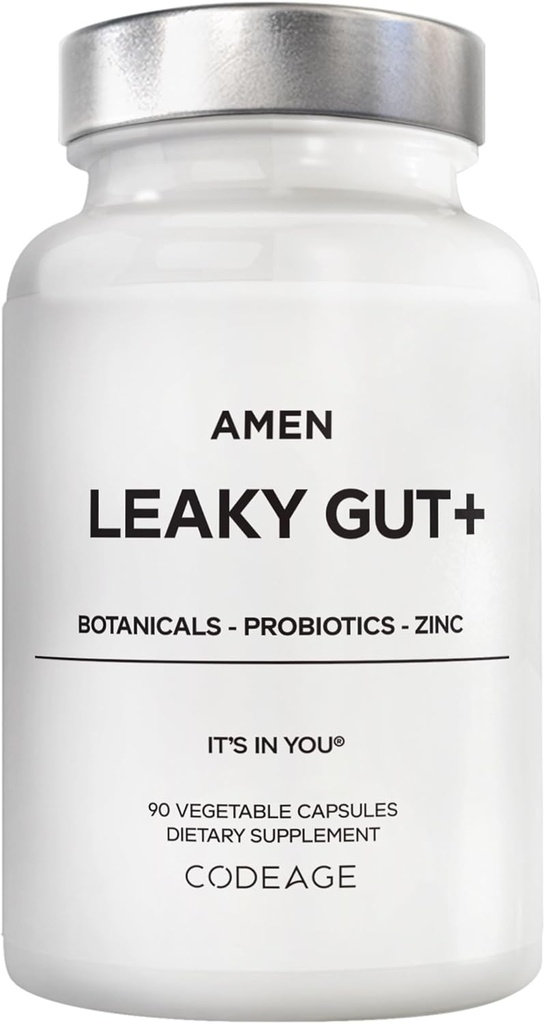 Amen Leaky Gut Supplement - Advanced Formel med biotilgængelig L Glutamin, Zink, gurkemeje, DGL lakrids Root - Marshmallow Root - Probiotika & Fermenteret Prebiotika - Vegan, Non- GMO - 90 Kapsler