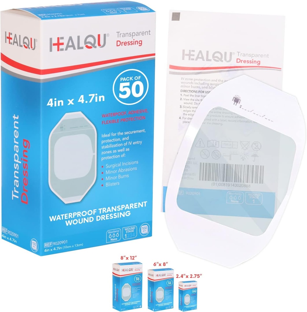 Transparent Film Dressing 4 "x 4.75" (50 Pack) - Vandtæt påklædningsbandager til post- Kirurgisk Bruser, IV Skjold, Tattoo Efterbehandling, Clear Breathable Dressing Patches af ECOQU