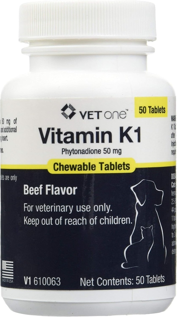 Vet One Vitamin K1 tyggetabletter - Vitamin K1 til hunde, Beef- aromatiserede tyggetabletter til katte og hunde (50 tabletter, Phytonadione 50mg)