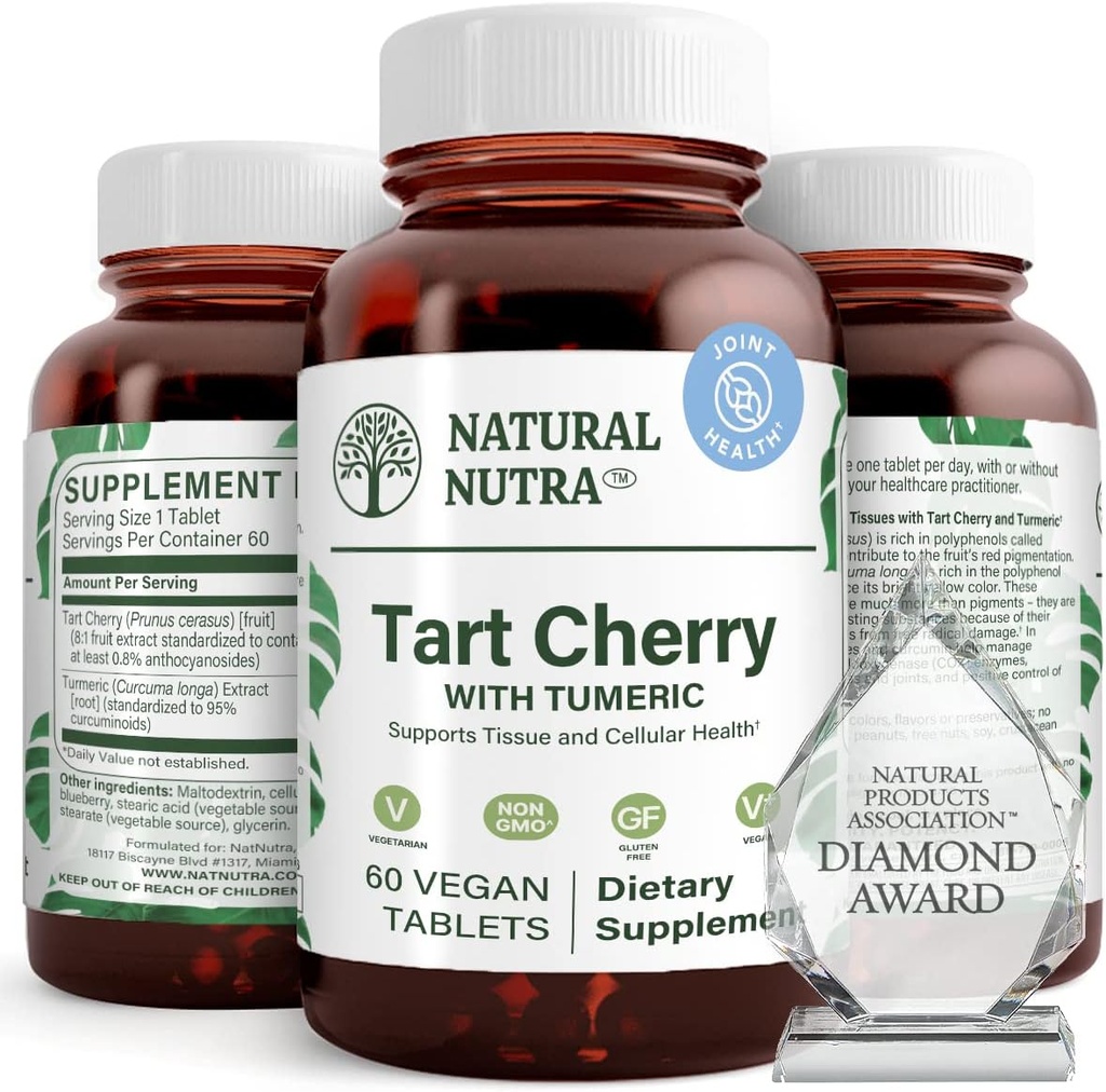 Naturlig Nutra Tart Cherry Extract med gurkemeje Curcumin, hjælper med at reducere muskelømhed, understøtter immunsystemet, fremmer fælles sundhed, forbedrer søvnkvalitet, Vegan, Vegetar, Gluten Free, 60 tabletter
