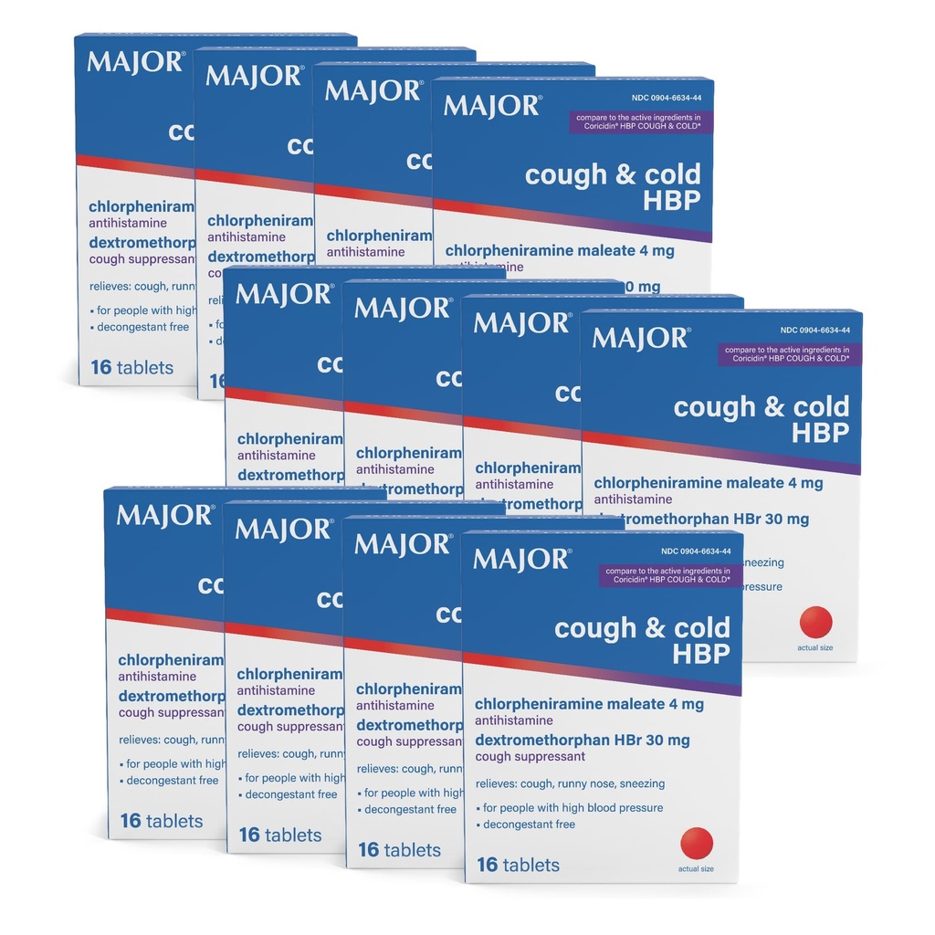 STOR Hoste og kolde HBP tabletter - Antihistamin og Hough suppressant for mennesker med højt blodtryk - Dextromethorphan HBr, Chlorpheniramin Maleate - 16 Greve (12 Pack)